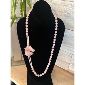 Vintage Carved Rose Quartz Horse 10 mm beaded 29” long necklace